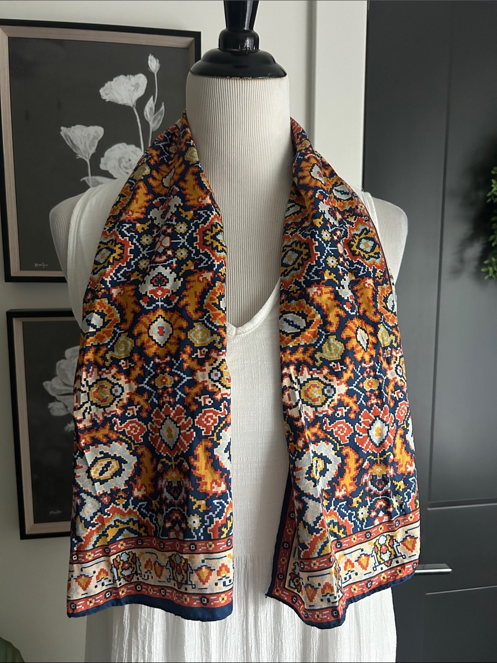 Orange blue gold neck silky scarf 13" wide by 42"